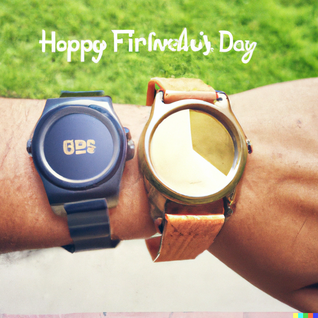 Person's hand wearing two smartwatches with a garden background for Friendship Day 2023
